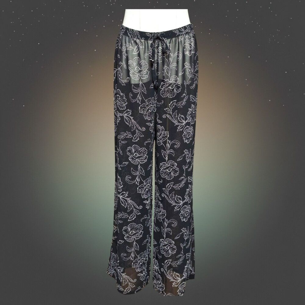 Jantzen Women Black Sheer‎ Floral Beach Cover Up Pants Small Wide Leg Drawstring